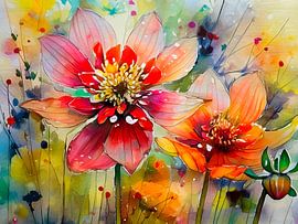 Watercolour of Dahlias's in the border by Studio Pieternel