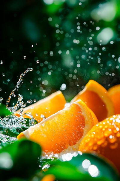 Frische Orangen mit spritzendem Wasser von Poster Art Shop