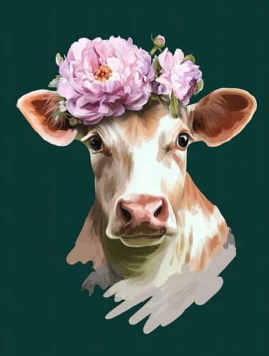 Gebloemd koeienportret op diepgroene achtergrond