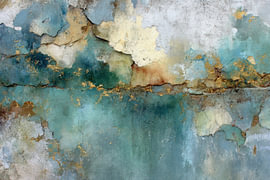 Grünes abstraktes Gemälde mit goldenen Akzenten und Wabi-Sabi-Struktur von Joriali Abstrakte Kunst