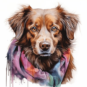 Porträt eins Hundes in Wasserfarbe gemalt mit Buntem Kopftuch auf weißen Hintergrund