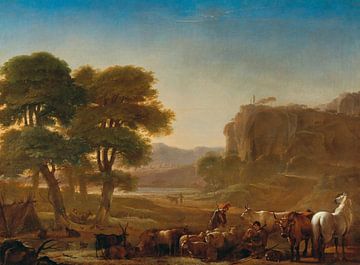 Gezicht op de Romeinse Campagna met herders die met hun vee rusten, Pieter van Laer