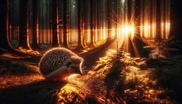Hedgehogs in the sea of morning rays by artefacti
