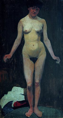 vrouwelijk naakt, frontaal, armen gebogen - Paula Modersohn-Becker, 1900