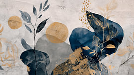Botanische Komposition in Blau und Gold, inspiriert vom Wabi-Sabi von Studio Pieternel