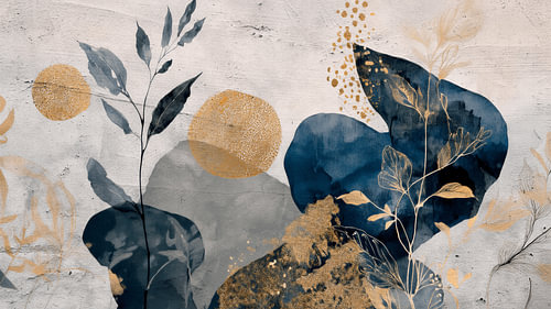 Botanische Compositie in Blauw en Goud, Wabi-Sabi geïnspireerd
