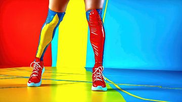 Sportieve vrouw met kleurrijke kousen op geometrische achtergrond van Frank Heinz