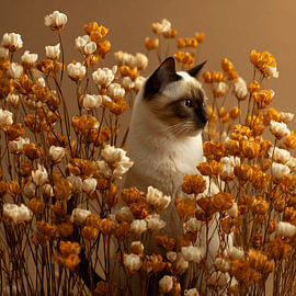 Chat siamois parmi des fleurs dorées sur KRAB