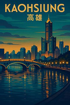 Kaohsiung Vintage Poster - 85 Sky Tower & Liebe Fluss Nacht Kunst