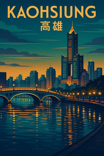 Kaohsiung Vintage Poster - 85 Sky Tower &amp;amp ; Love River Night Art par Travel Shop
