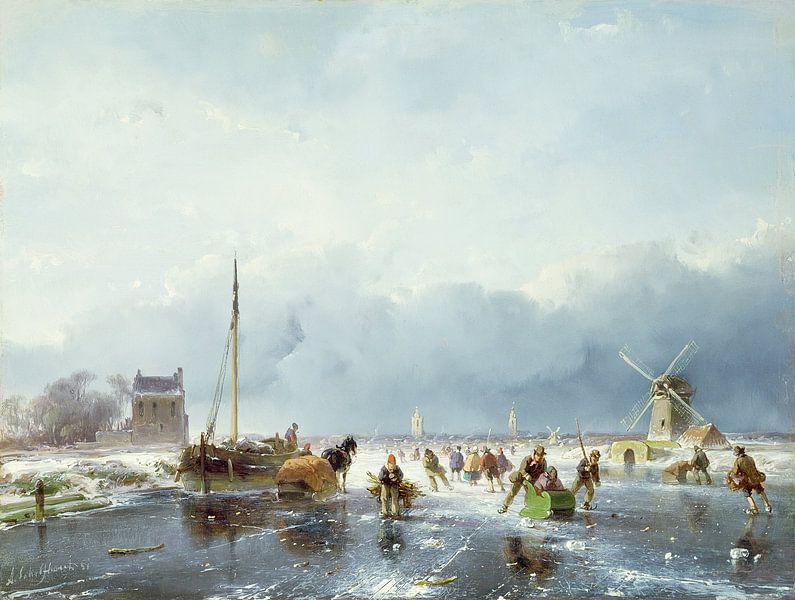 Andreas Schelfhout,Bevroren winterscène van finemasterpiece