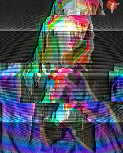 Maria Magdalena in fluoriscerende kleuren aanschouwt engel