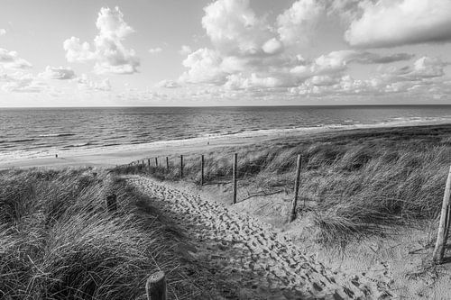 Strand, wind en zee in zwart wit