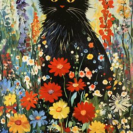Black cat in floral meadow by IamHome Studio