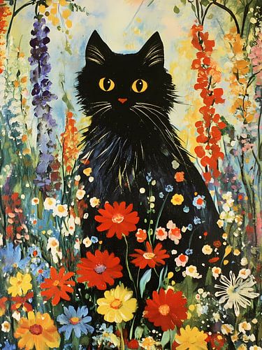 Un chat noir dans une prairie fleurie