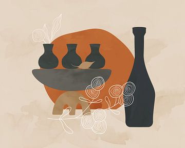 Modernes Stillleben mit drei Vasen und einer Flasche von Tanja Udelhofen