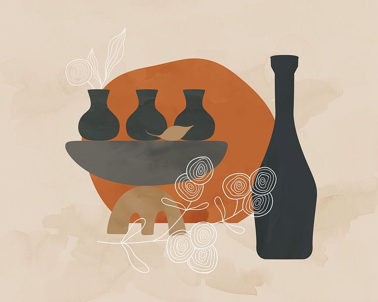 Modernes Stillleben mit drei Vasen und einer Flasche