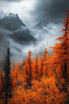 Herbstlandschaft mit Bergen und Nebel von Poster Art Shop