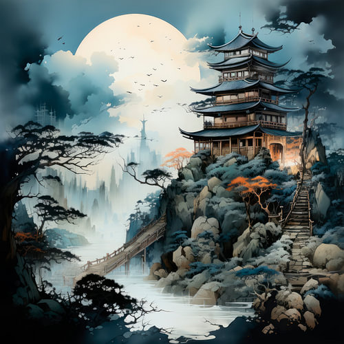 Japanese pagoda by the lake under a big moon