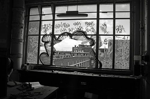 gebroken raam met uitzicht  zwart wit