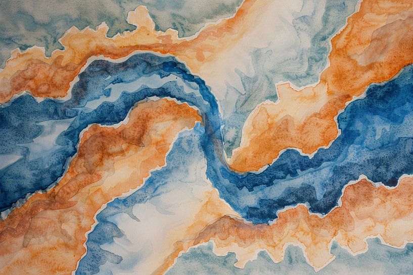 Abstraktes Aquarell Flusslandschaft mit Bergen von Art & Soul Creations
