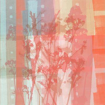 Moderne abstracte botanische kunst in pastelkleuren. Oranje, roze, mint.