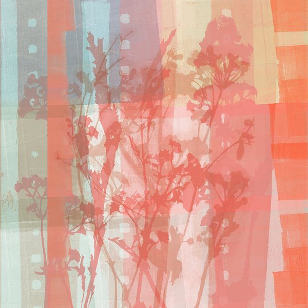 Moderne abstrakte botanische Kunst in Pastellfarben. Orange, Rosa, Minze. von Dina Dankers