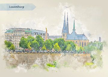 panorama du Luxembourg en style croquis sur Ariadna de Raadt-Goldberg