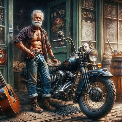 oudere man met motor voor een bar