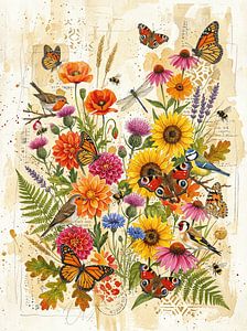 Été botanique : prairie fleurie avec papillons et oiseaux