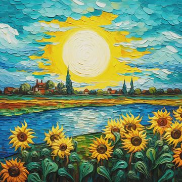 Zon Zonnebloemen Dorp Water Lucht Landschap van gm_designs