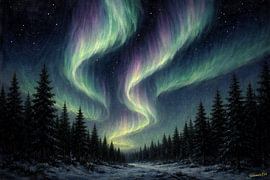 Pinselstriche der Wildnis – Nordlichter über einem Kiefernwald von Johannas Art Creations