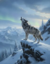 Ein Wolf heult auf einem schneebedeckten Gipfel von Regan Frederick