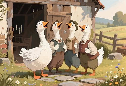 Portretillustratie van zingende ganzen in een landelijk landschap