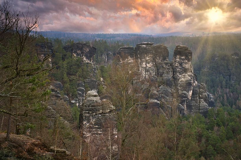 Felsen im Elbsandsteingebirge zum Sonnenuntergang an der Bastei von Martin Köbsch