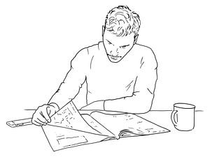 Krant lezen met een bak koffie (line art lijntekening cappuccino keuken portret man koffie telefoon) van Natalie Bruns