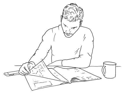 Reading newspaper with a cup of coffee (line art line drawing cappuccino kitchen portrait man coffee