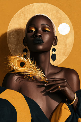 Modern minimalistisch portret van een vrouw met gouden pauwenveer