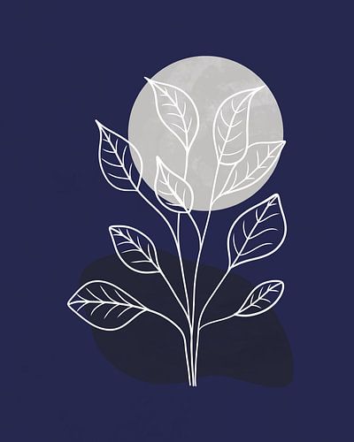 Abstract landschap in nachtblauw met een zilveren maan