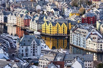 Sailing ships and art nouveau houses in the town of Ålesund in Norw by Rico Ködder