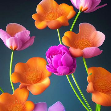 Stilleven met Bloemen VI - oranje, roze en stengels licht groen van Lily van Riemsdijk - Art Prints with Color