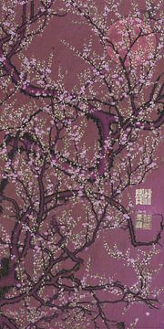 Japanischer Vintage-Druck. Pflaumenblüte bei Vollmond in zartem Lila