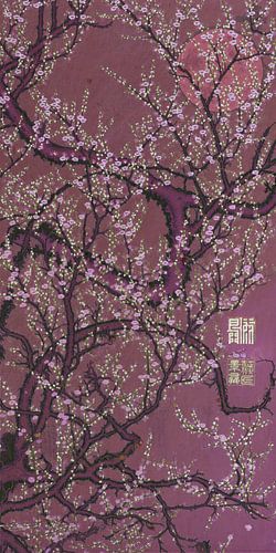 Japanse vintage prent. Pruimenbloesem bij volle maan in zacht paars