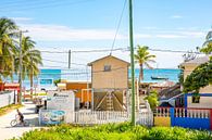 Zeezicht vanaf het hotel op het kleurrijke Caye Caulker in Belize van Michiel Ton thumbnail
