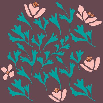 Marché aux fleurs. Art botanique moderne en rose, turquoise et rouge vin. sur Dina Dankers
