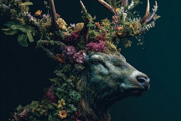 Cerf dans une couronne de fleurs Beauté naturelle et symbolisme sur Eva Lee