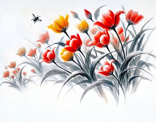 Rode en witte tulpen – Aziatische inktschilderij