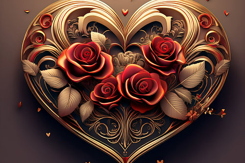 Cœur vintage en or orné de quatre roses rouges