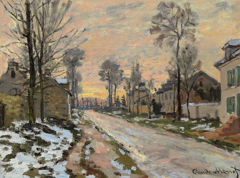 Claude Monet,Lu Weixian's Road, melting snow, sunset by finemasterpiece