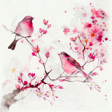 Pink Cherryblossoms & pink birds van Bianca ter Riet